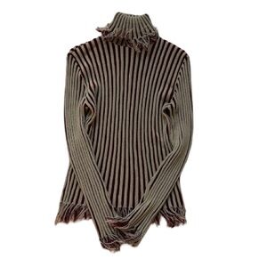 Rave Burgundy and Beige fringe Striped Knit turtle neck